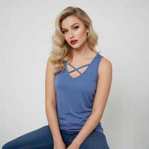 Hot Kiss Medium Blue Criss Cross V-neck Tank Top